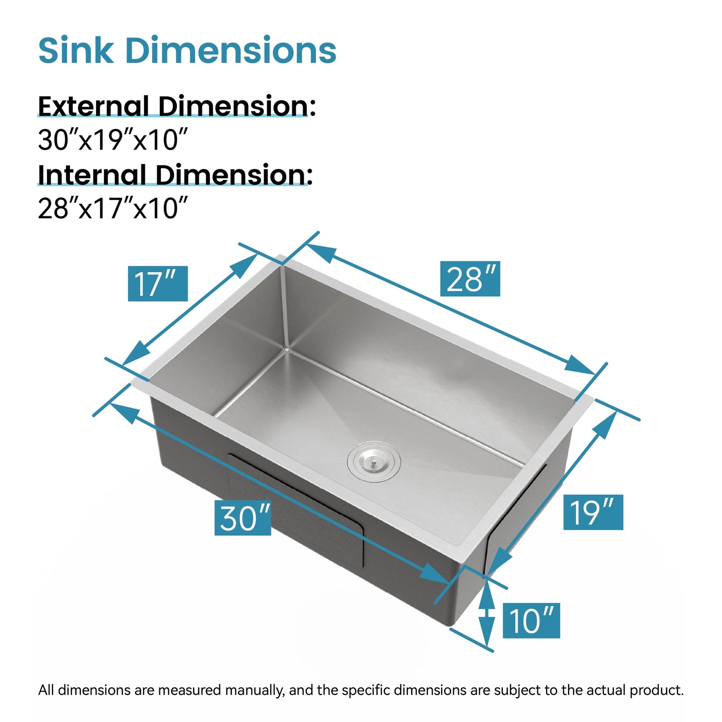 Stainless Steel Kitchen Sink, 30″x19″ Drop In Single Bowl, Undermount Handmade Sink in Brushed Nickel