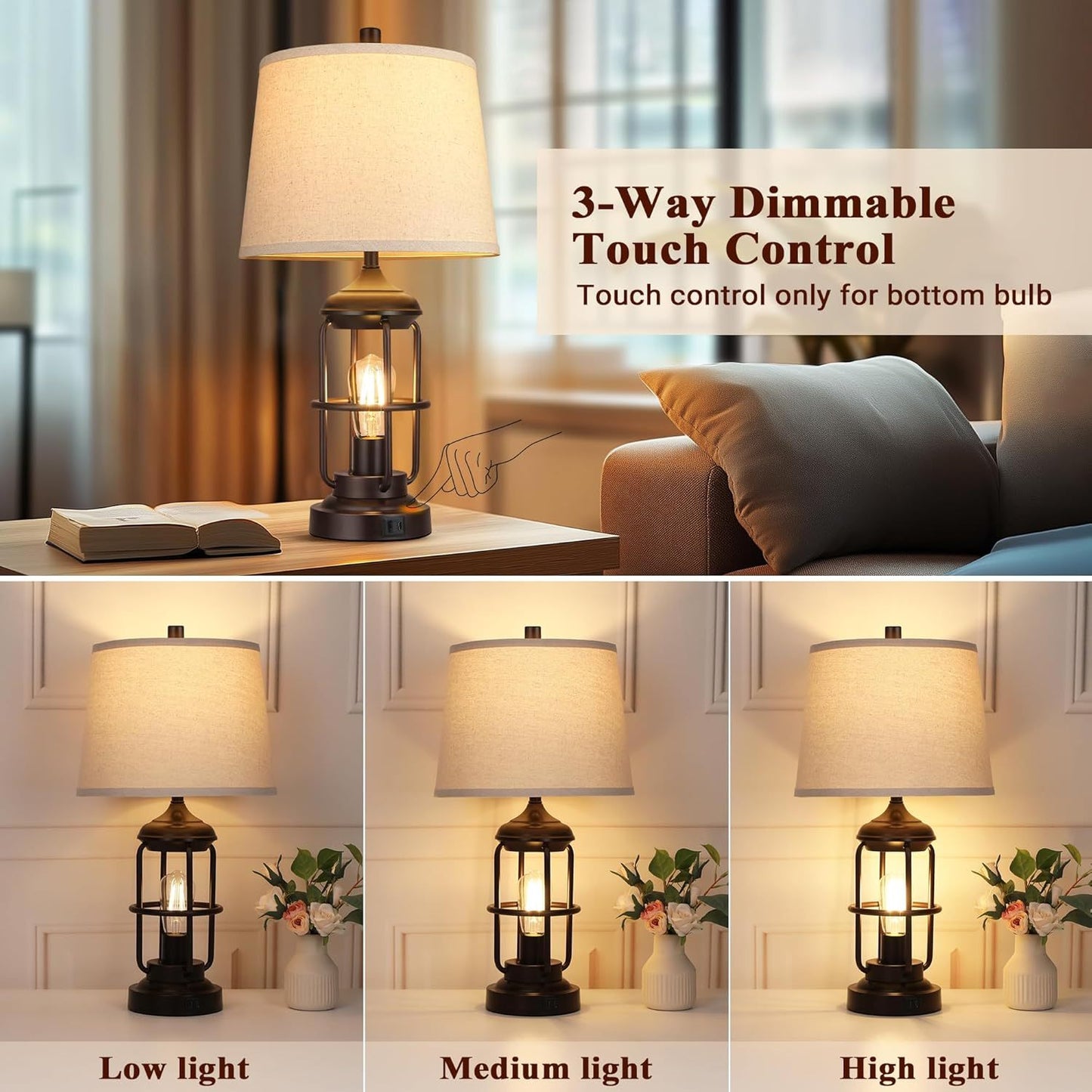 Table Lamp Set of 2 with USB Ports, Touch Control, and 3-Way Dimmable Light