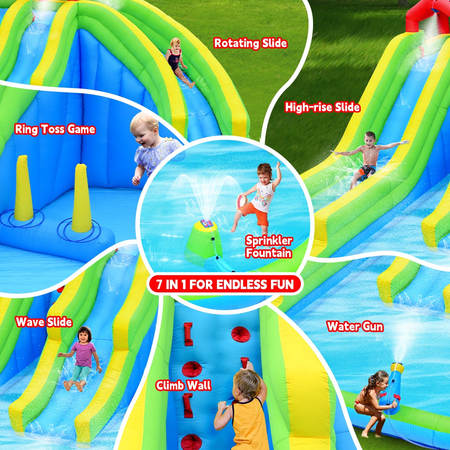 7-in-1 Inflatable Water Park Three Slide with Blower and Climbing Wall for Children