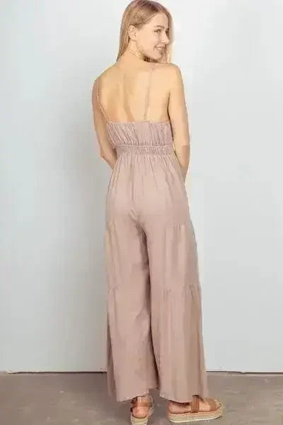 VERY J Sleeveless Ruched Wide Leg Jumpsuit