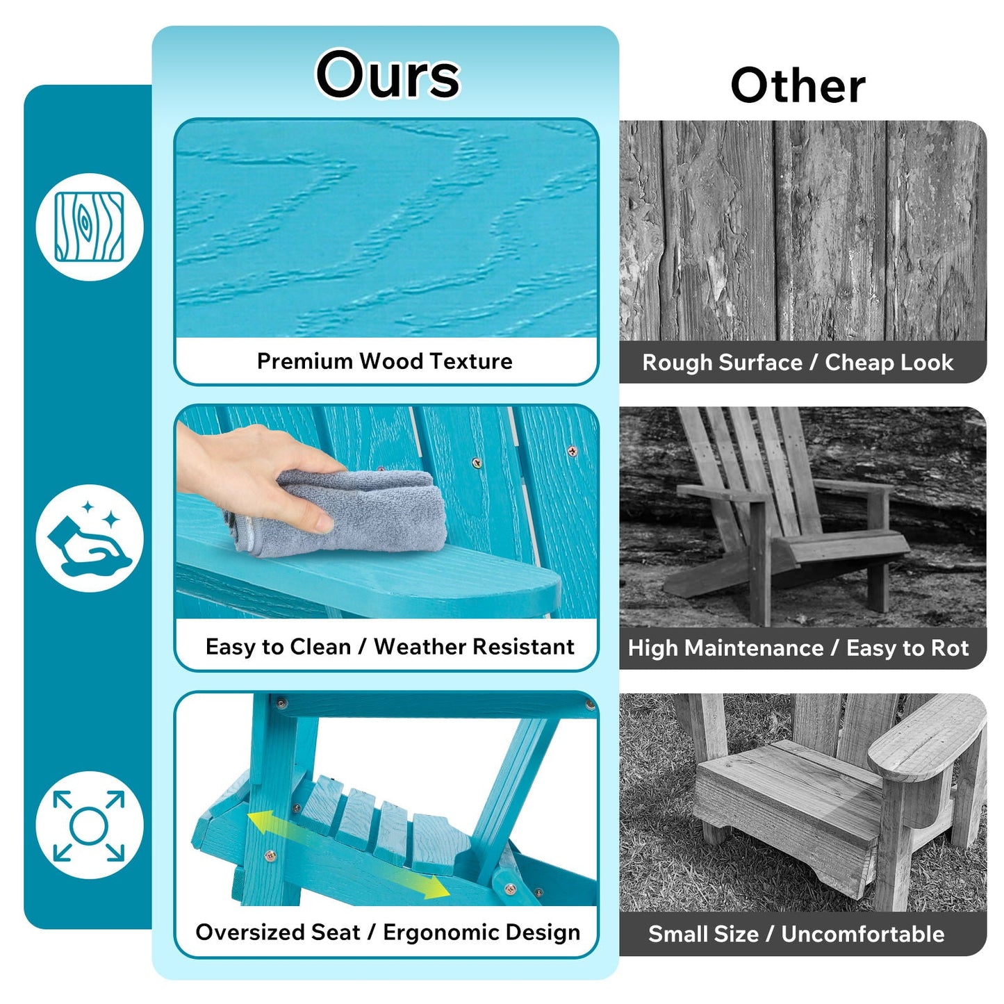 Outdoor Folding Adirondack Chair Patio With Natural Grain Texture - Turquoise Blue