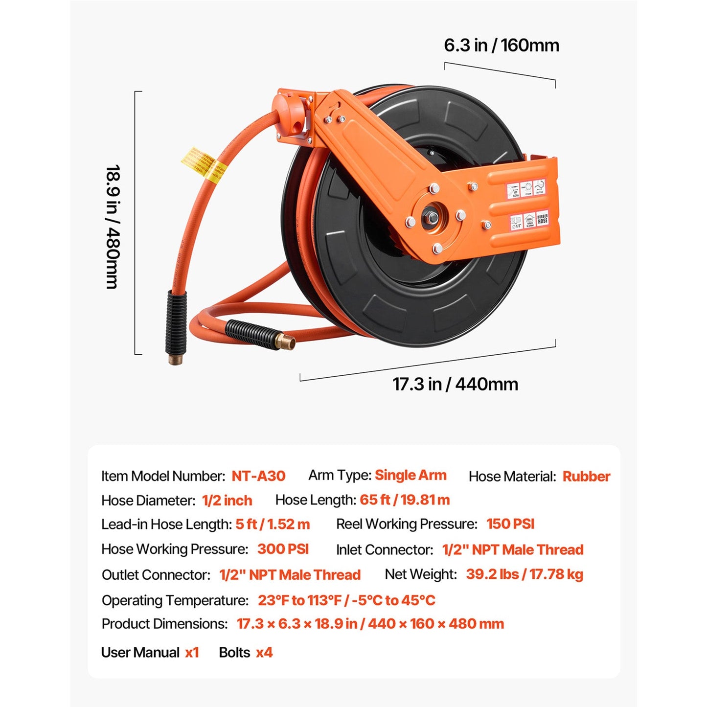 Retractable Air Hose Reel, 1/2 Inch x 65 Ft Rubber Hose