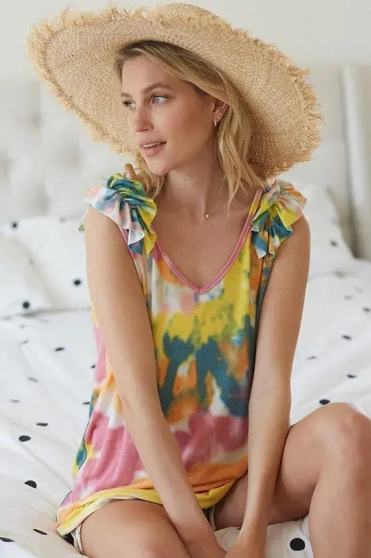 Trendsi Tie Dye Ruffle Knit Tank - V-Neck