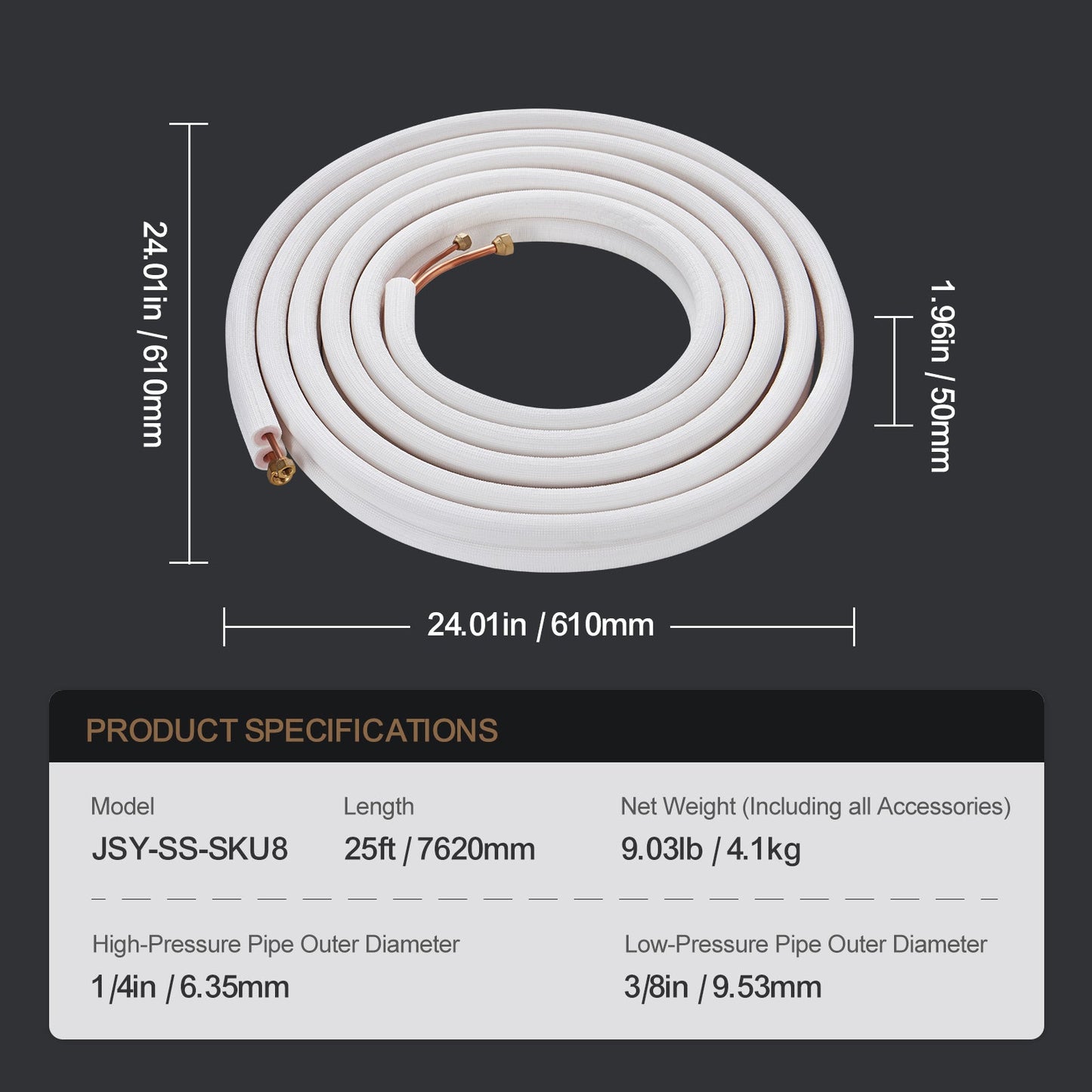 25FT Mini Split Line Set, 1/4" & 3/8" O.D