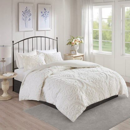 Full/Queen Tufted Cotton Chenille Damask Duvet Cover Set