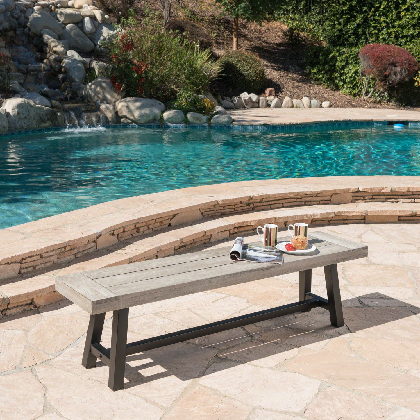 Tranquilizer Outdoor Acacia Wood Bench With Slat Panel Design