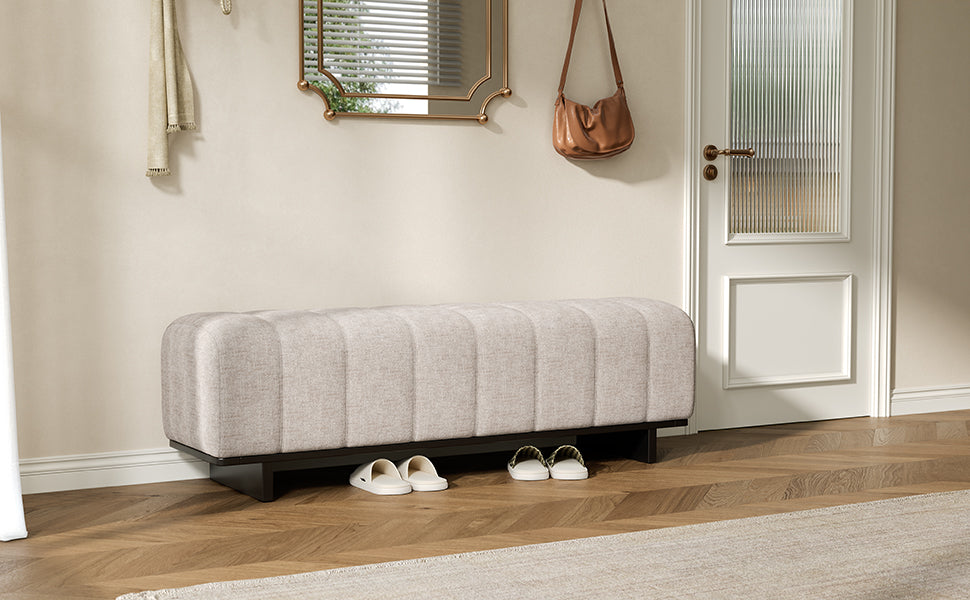 Indoor Dining Bench in Oatmeal Chenille Fabric with Rubber Wood Legs