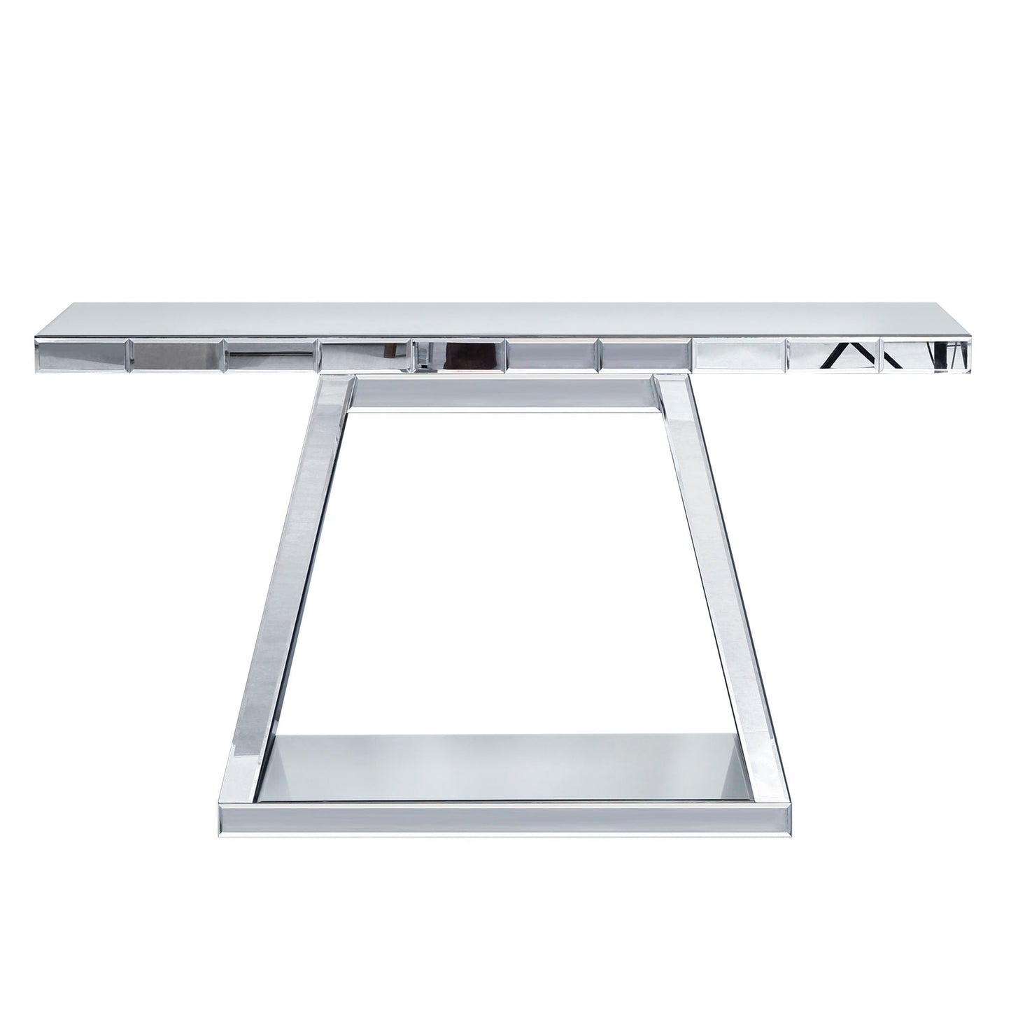 Modern Luxe Full Body Mirror Entryway Table With Trapezoid Base, 360° Reflective Console, Scratch Resistant, Open Storage - Silver