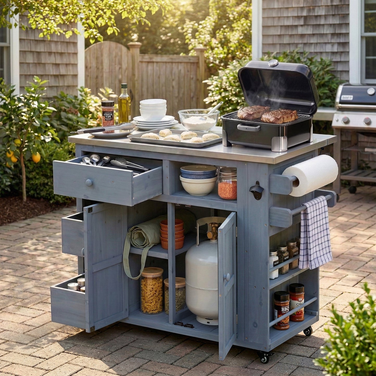 TOPMAX Outdoor Solid Wood Extendable Kitchen Island
