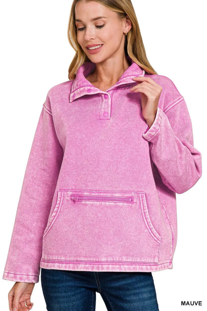 Zenana Fleece Washed High Neck Kangaroo Pocket Sweatshirt