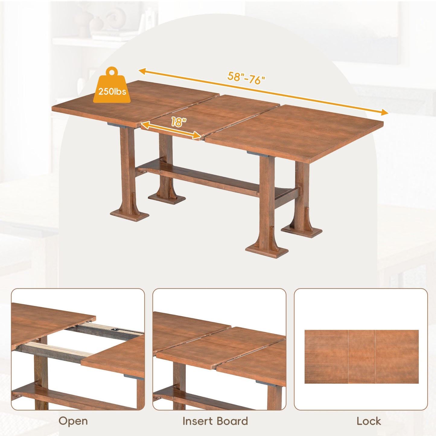 TOPMAX Farmhouse 76inch 6-Piece Extendable Dining Table Set