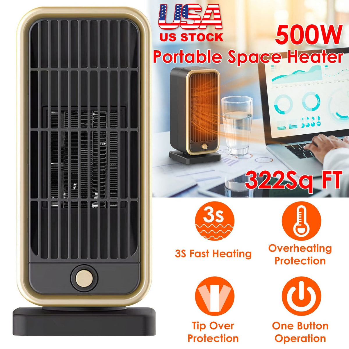 500W Portable Electric Heater PTC Ceramic Heating Space Heater Overheating Tip Over Protection 3S Heating Space For 322 Sq FT Home Office Use