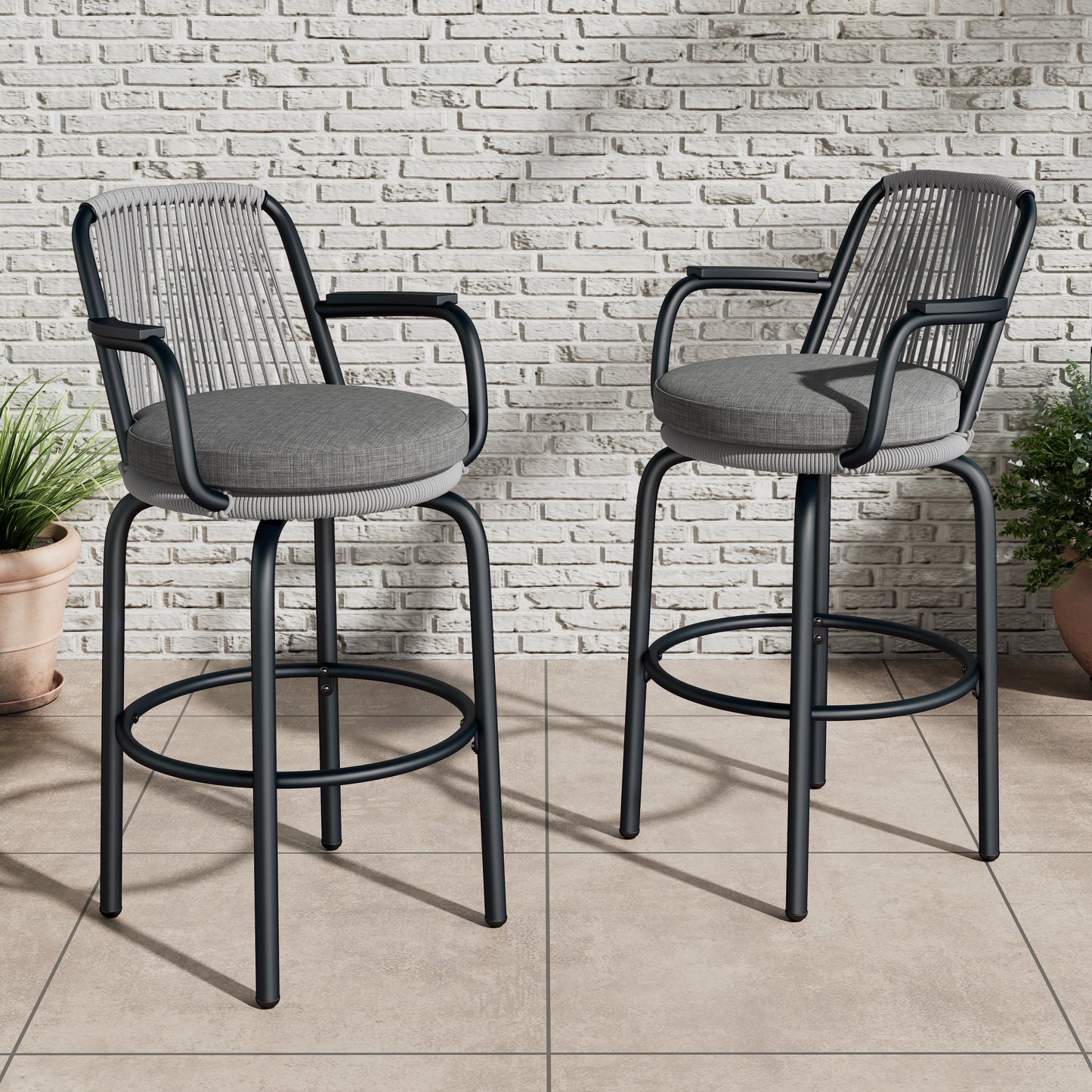 Outdoor Patio Bar Stools 29"H Set of 2, Modern Woven Rattan Rope Bar Height Chair