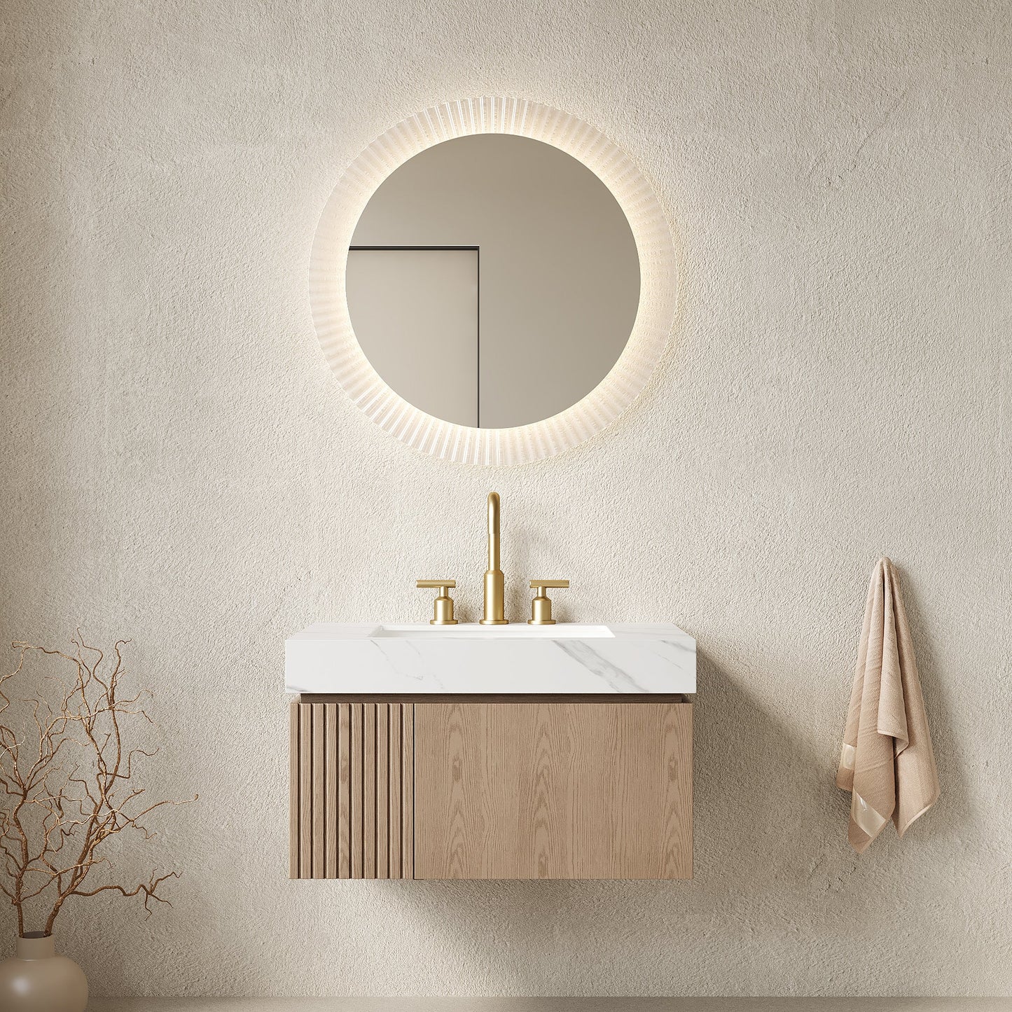 MURI 30" Bathroom Vanity & Sink, Floating Plywood Storage Cabinet with Drawer & Door, Carrara