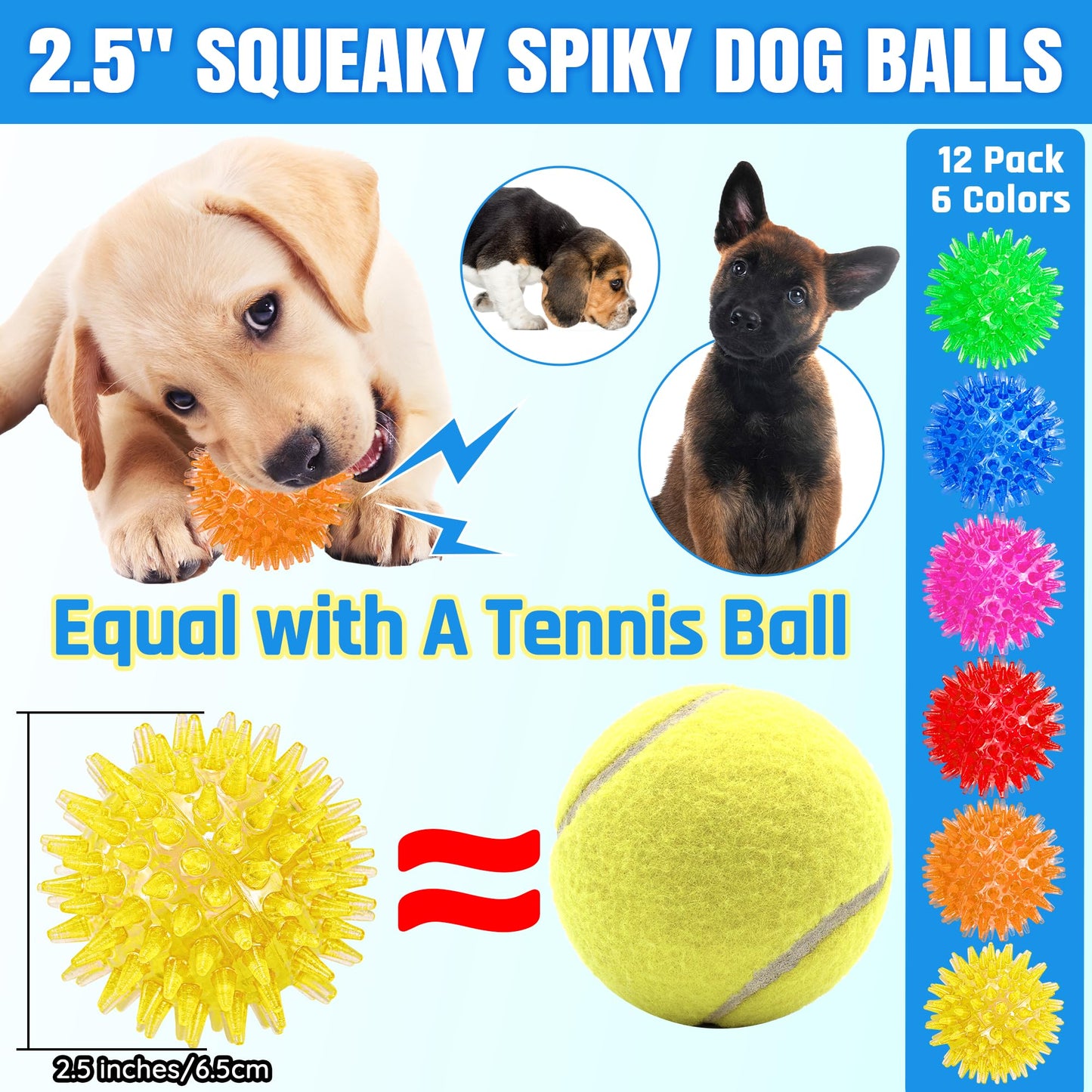 12-Pack Squeaky Spiky Dog Balls, Balls For Small Medium Dogs Durable TPR, Floats, Bouncy, Soothes Gums, Cleans Teeth, Boredom Buster, Interactive Play, Indoor And Outdoor Fetch