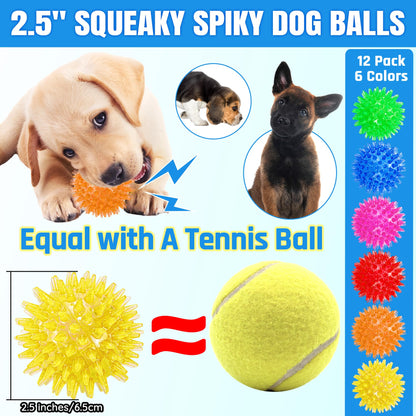 12-Pack Squeaky Spiky Dog Balls, Balls For Small Medium Dogs Durable TPR, Floats, Bouncy, Soothes Gums, Cleans Teeth, Boredom Buster, Interactive Play, Indoor And Outdoor Fetch