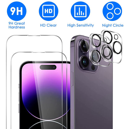 2Pcs HD Clear Screen Protectors 2Pcs Camera Len Protectors Tempered Glass Film Full Coverage Screen Protector Set Fit for IOS Phone 14/14Plus/14Pro/14