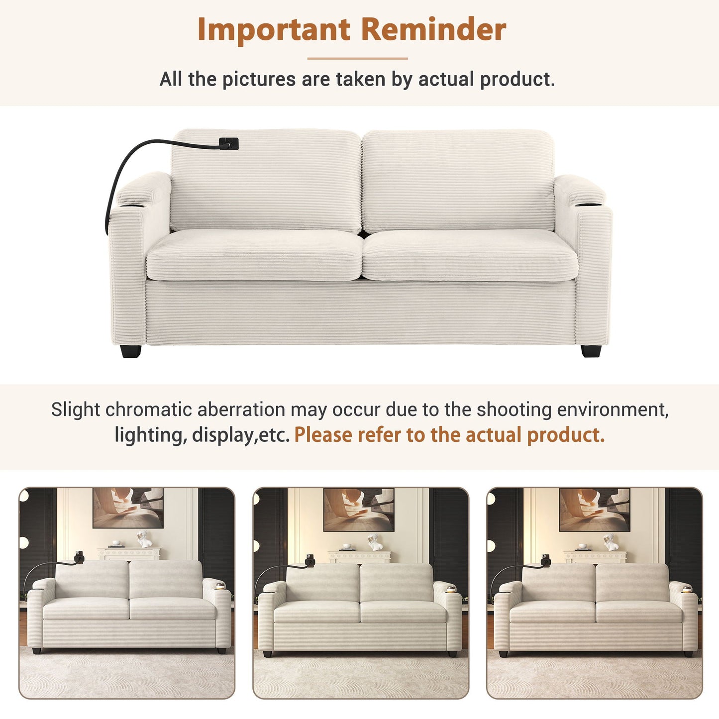 Sleeper Sofa Loveseat Sofa With Full Size Mattress, 2 USB Ports, 2 Cup Holders, 2 Side Pockets And Phone Holder