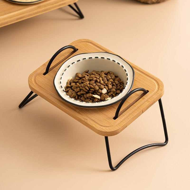 Pet Wooden Rack Multi-functional Ceramic Cat Bowl Anti-tumble Water Feeding Oblique Mouth Easy To Clean