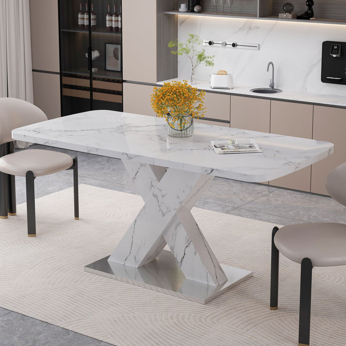 Modern Rectangle Dining Table With Stretchable TopAnd X Shape Legs