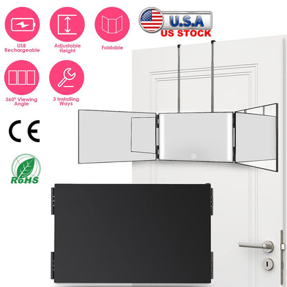 3 Way Mirror with LED Telescopic Hanger Tri-fold Mirror Personal Makeup Mirror with Micro USB Cable for Self Shaving Hair Cutting Dyeing Curling Braid