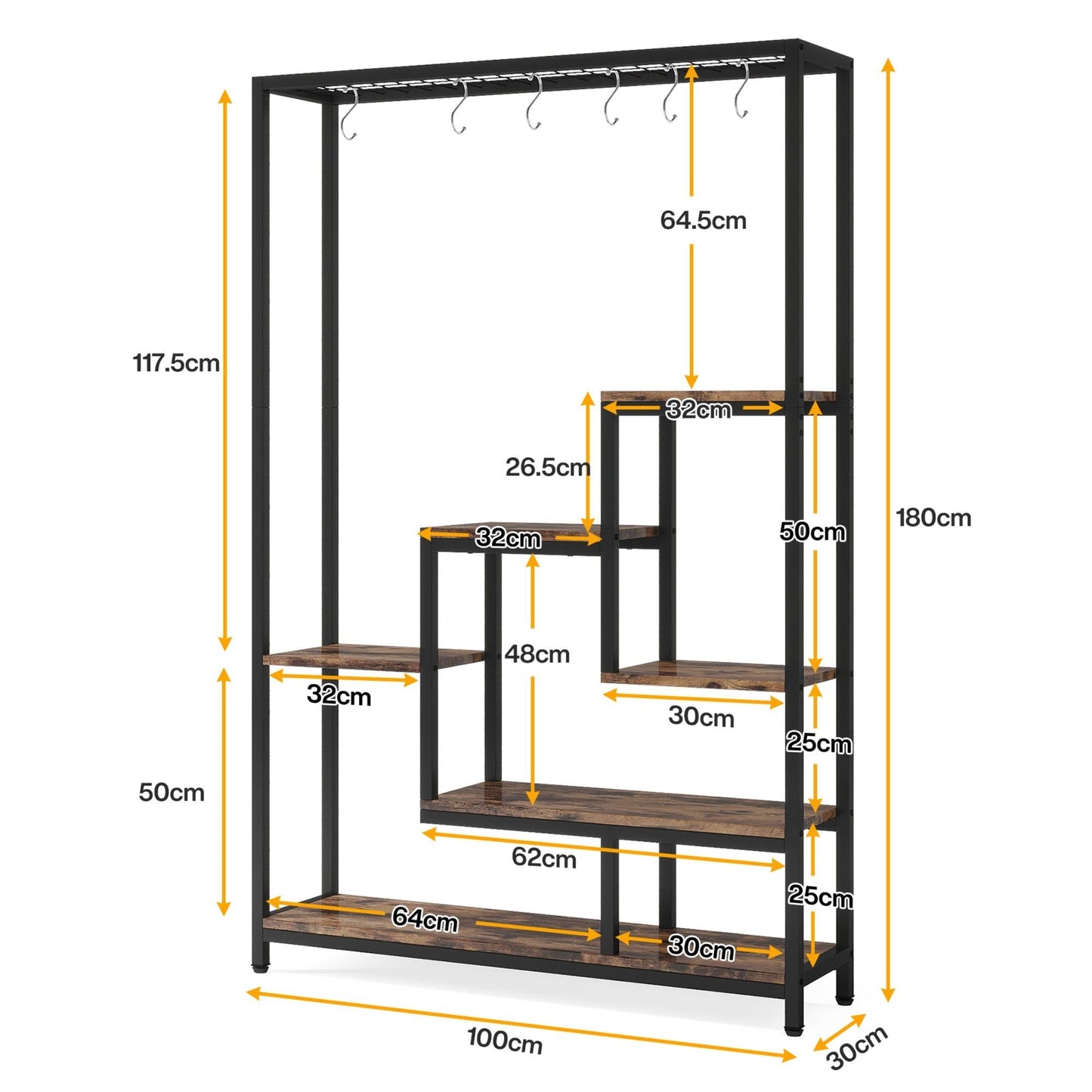 5 Tier Plant Stand With 6 Hooks For Living Room - Brown / Black