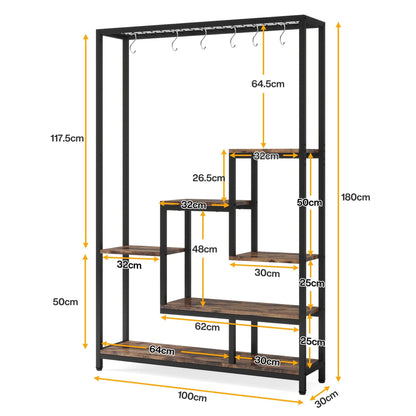 5 Tier Plant Stand With 6 Hooks For Living Room - Brown / Black
