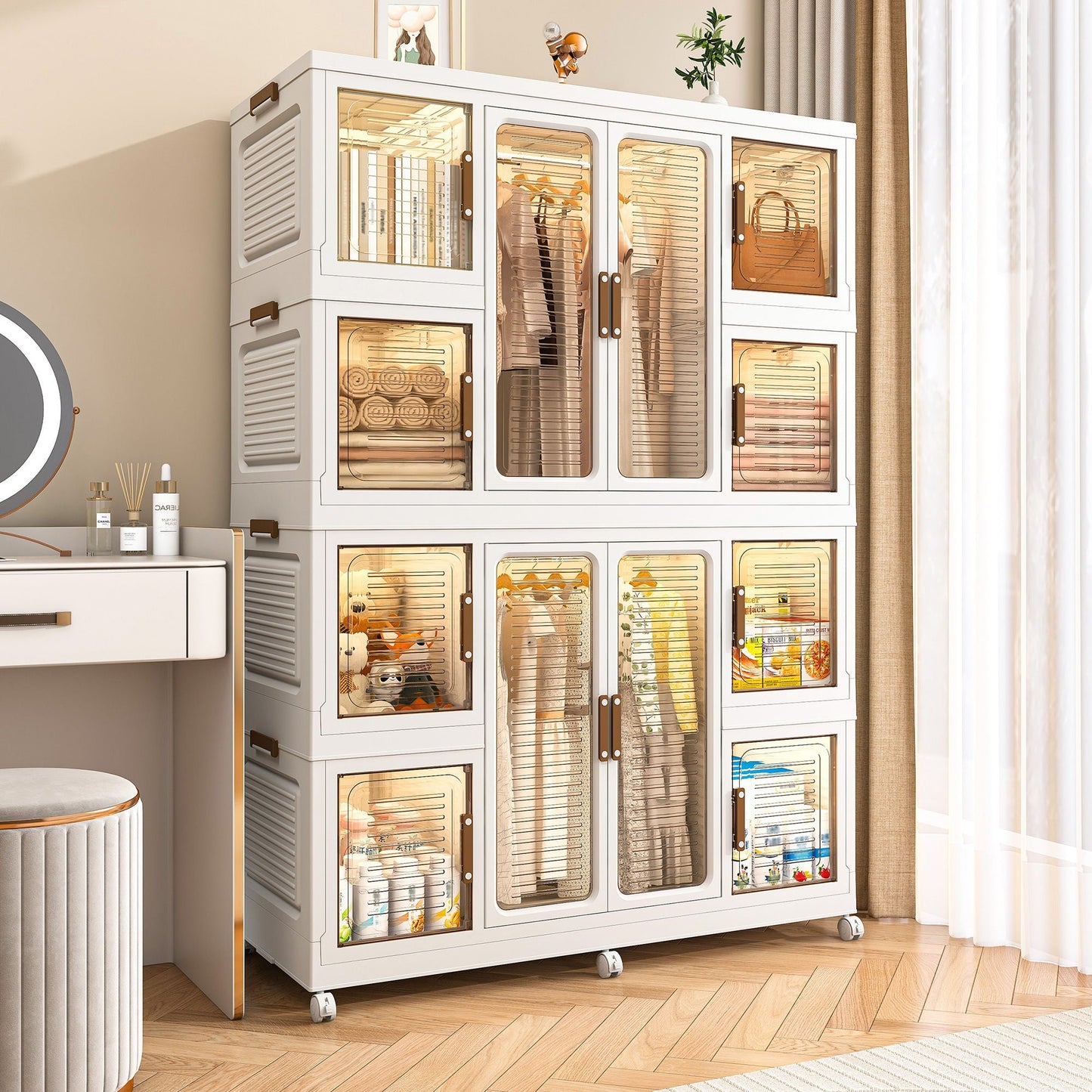 Portable Wardrobe Closet Storage Organizer For Clothes With Magnetic Doors, 12 Cubes & 2 Hanging Rods - White