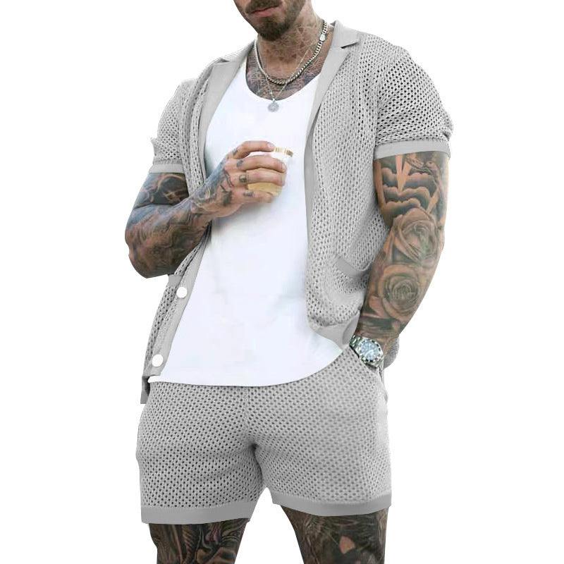 Men's Summer Cool Hole Cloth Lapel Short Sleeve Shorts Suit