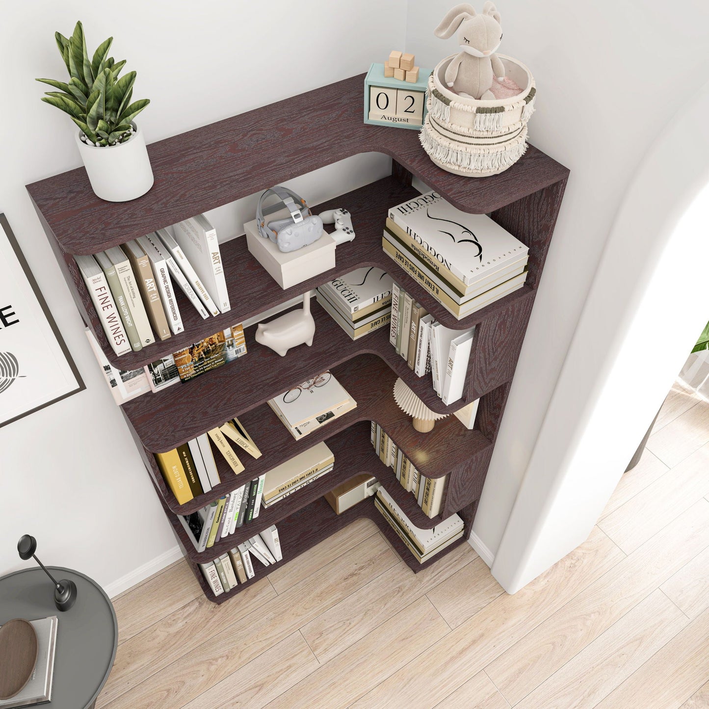 Ox Blood - Red 90Cm L-Shaped Freestanding Corner Bookshelf With Anti Tip Safety, Storage Cabinet For Living Room - Ox Blood Red
