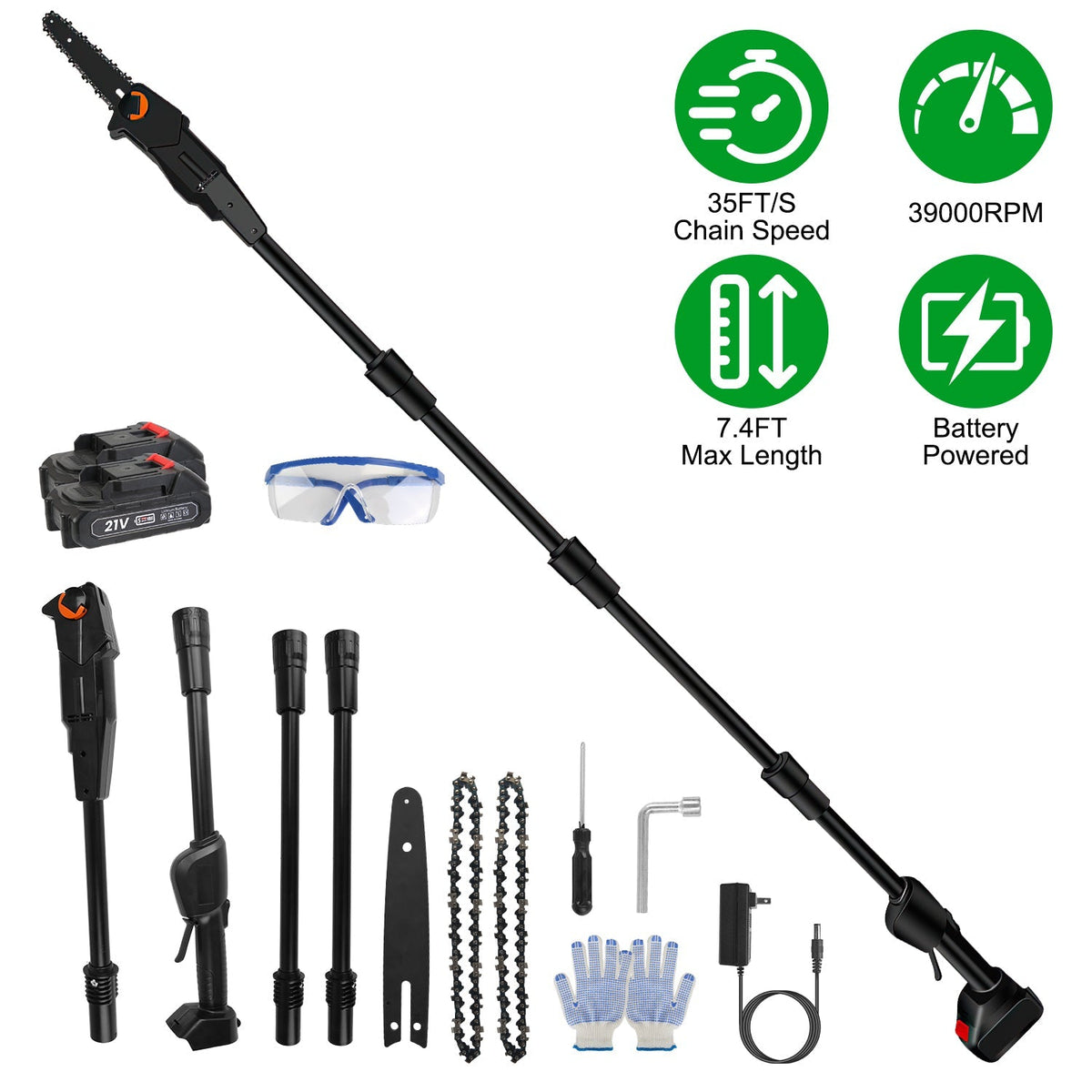 6in Cordless Pole Saw 7.4FT Maximum Extendable Length 35FT/S Speed Electric Pole Chainsaw 2Pcs 1.5Ah Batteries And Charger Included For Pruning Trimmi