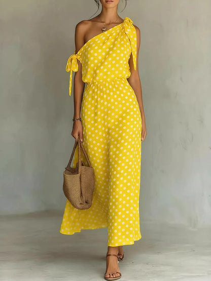 Polka Dot One-Shoulder Maxi Dress