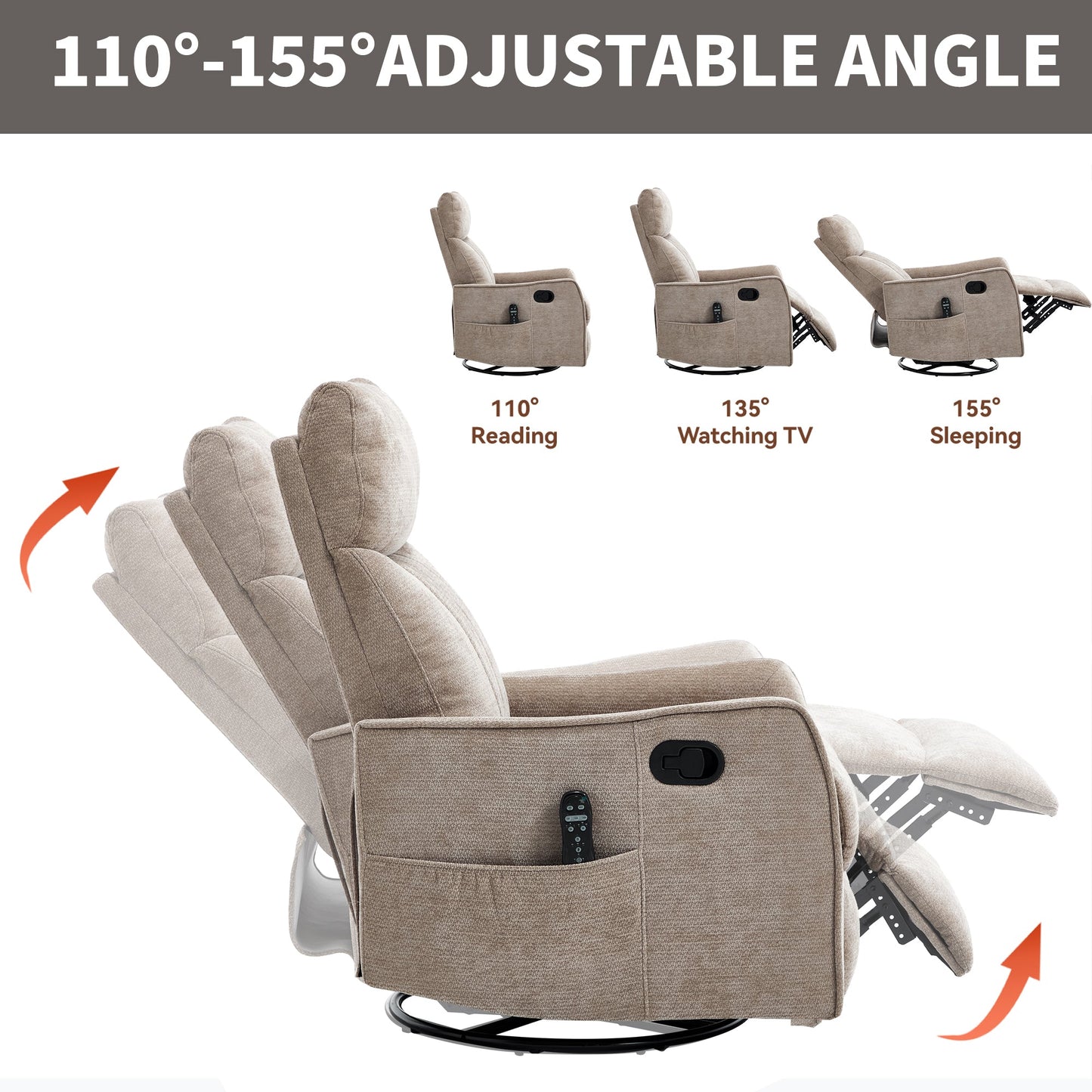Khaki Heat Massage Manual Recliner Chair with Rocker and Swivel in Fabric for Living Room