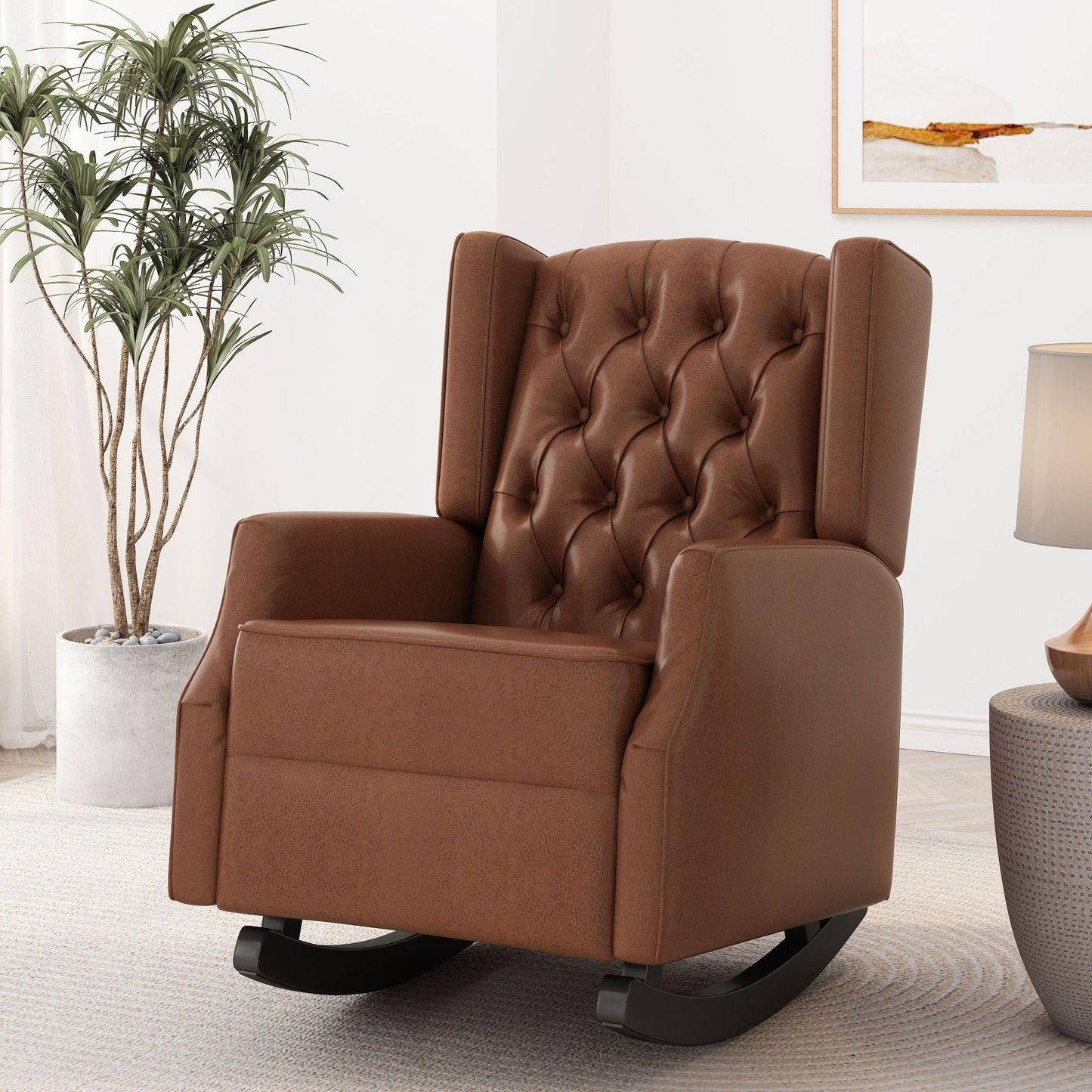 Moss Upholstered Rocking Recliner With Diamond Tufting And Wingback - Light Brown