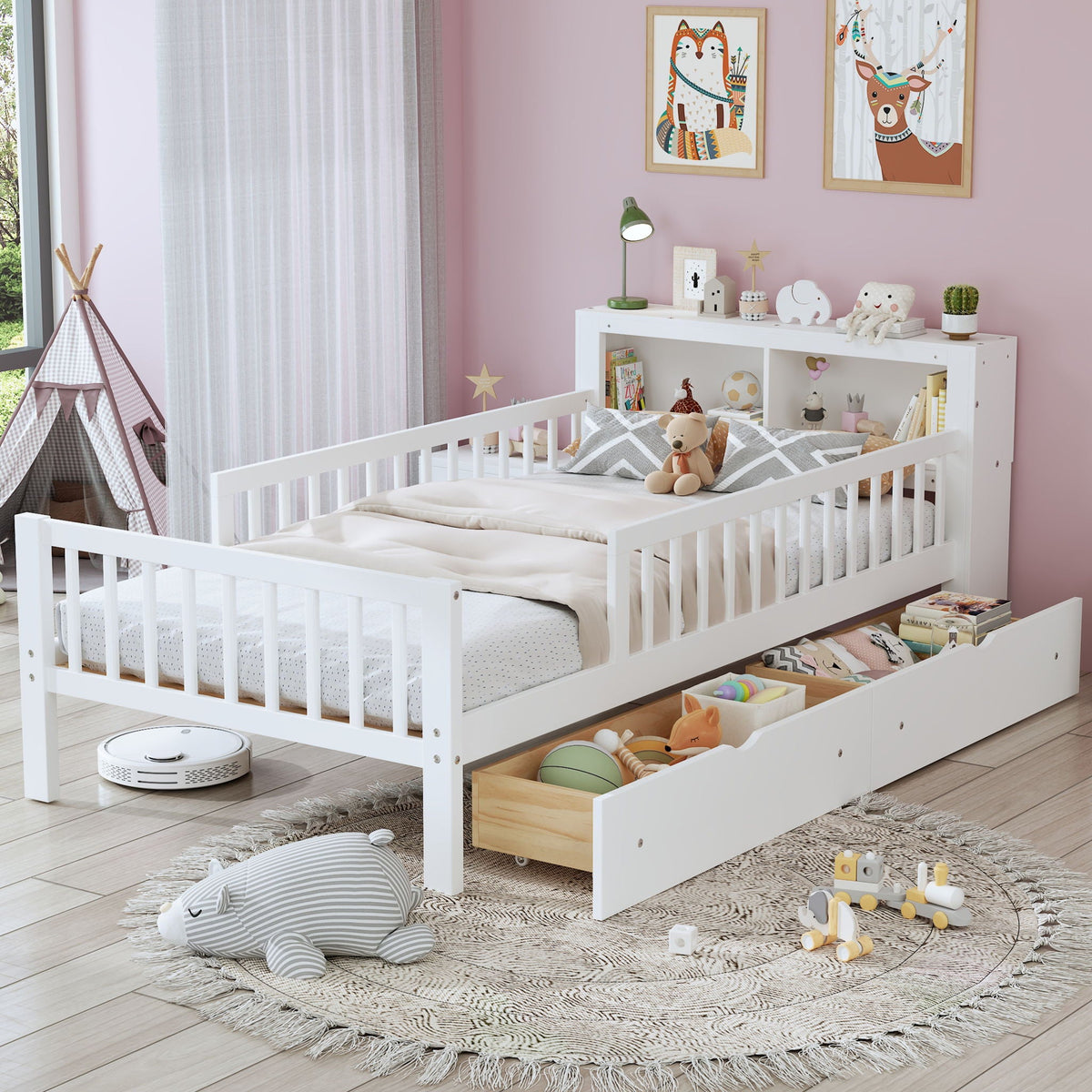 Bed With Headboard Storage Rack, 2 Under Bed Drawers, 3 Side Guardrails For Safety