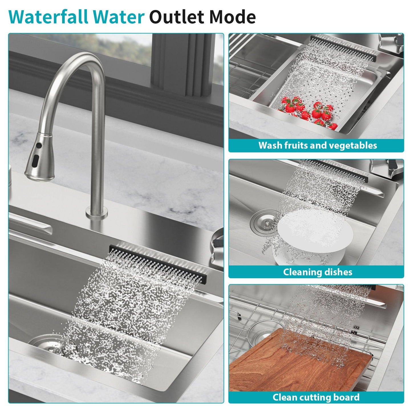 Drop In Waterfall Kitchen Sink With Pull-Out Faucet & Cup Washer