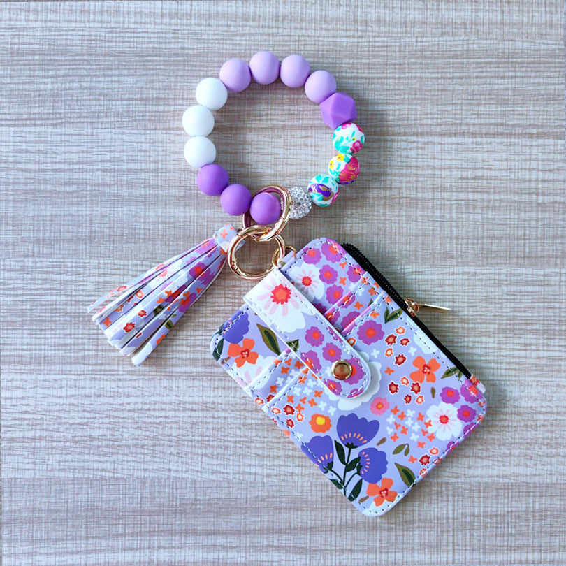 Womens Silicone Bead Bracelet Keychain Cardholder