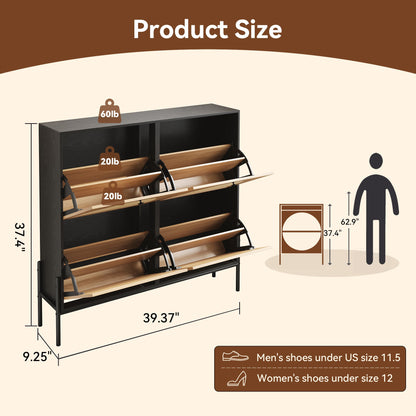 Space-Saving Rattan Shoe Cabinet with 4 Flip-Down Doors