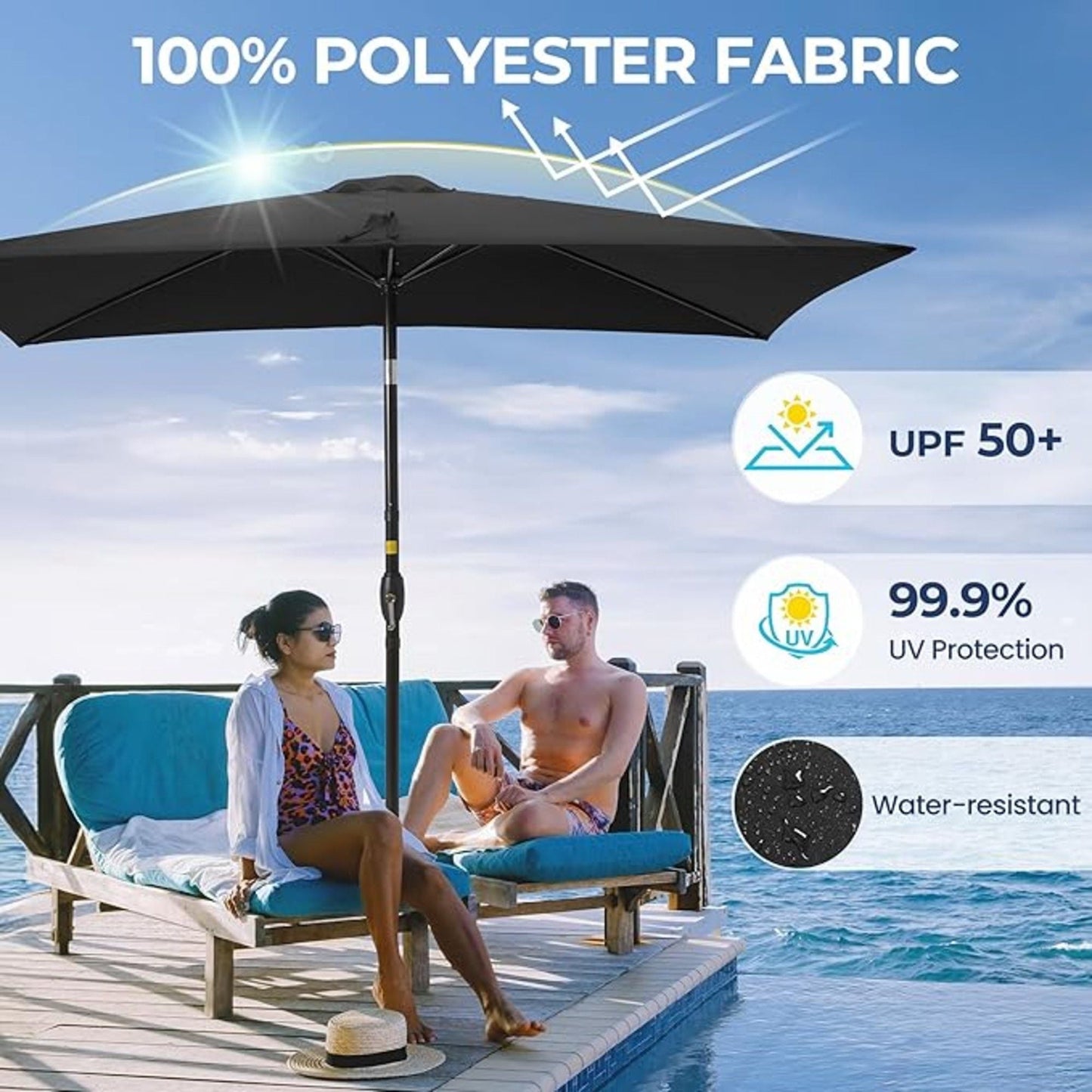 Rectangular Patio Umbrella With Crank Tilt, Polyester UV-Resistant Canopy