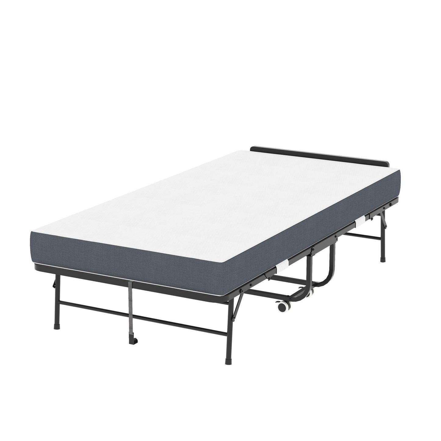 Twin Folding Bed With Adjustable Headboard, Memory Foam For Tall People, Heavy-Duty Portable On Wheels, Easy Assembly - Black