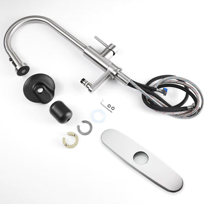 3 In 1 Kitchen Faucet With Press Type Glass Rinser, High Arc Pull Down Sprayer