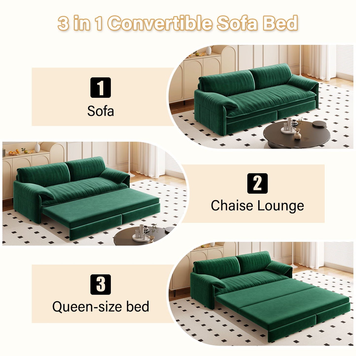 Queen Pull Out 3 In 1 Convertible Sleeper Sofa With Side Storage