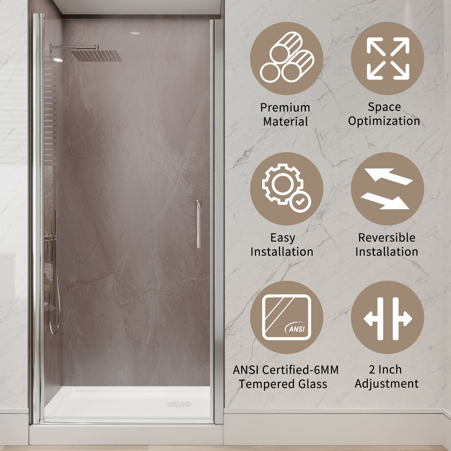 34 In. to 36 In. x 72 In. Semi-Frameless Pivot Shower Door