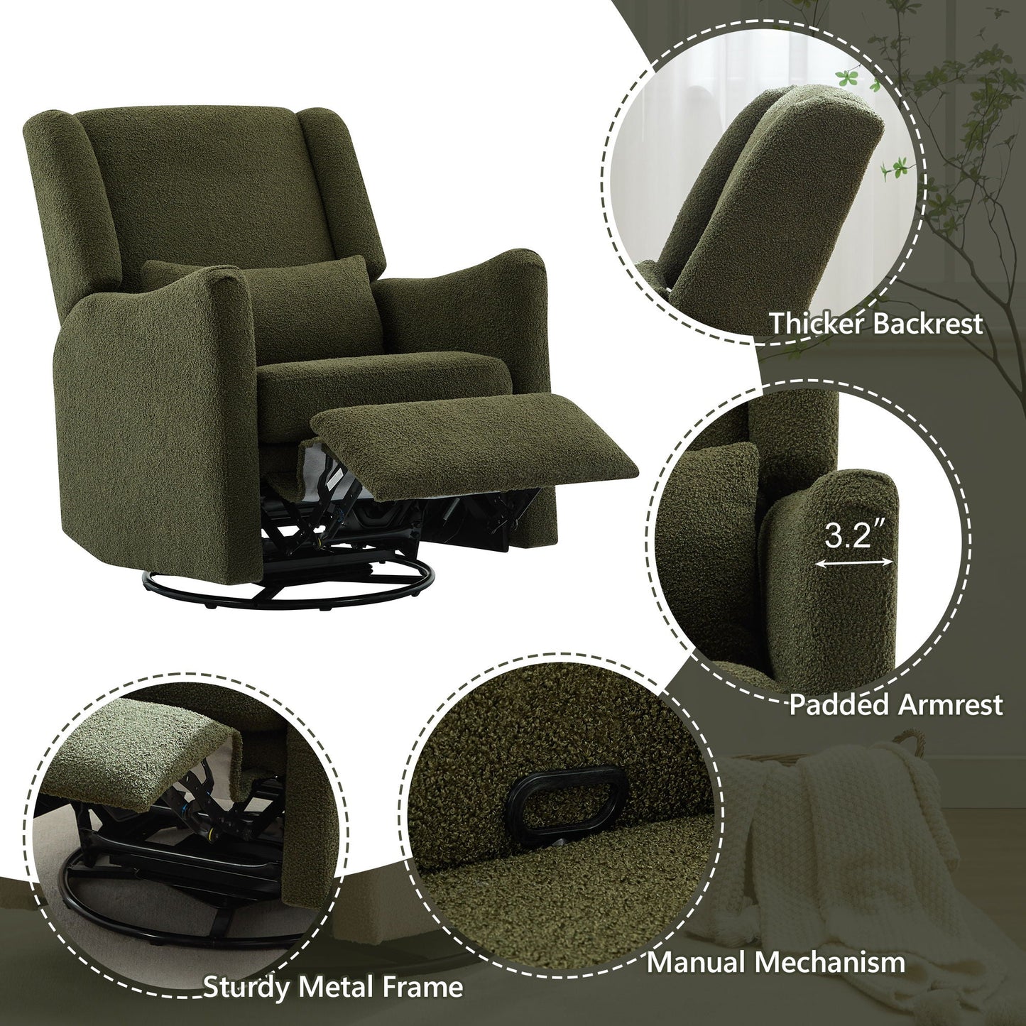 Wide Wingback Swivel Glider Rocker Recliner Chair