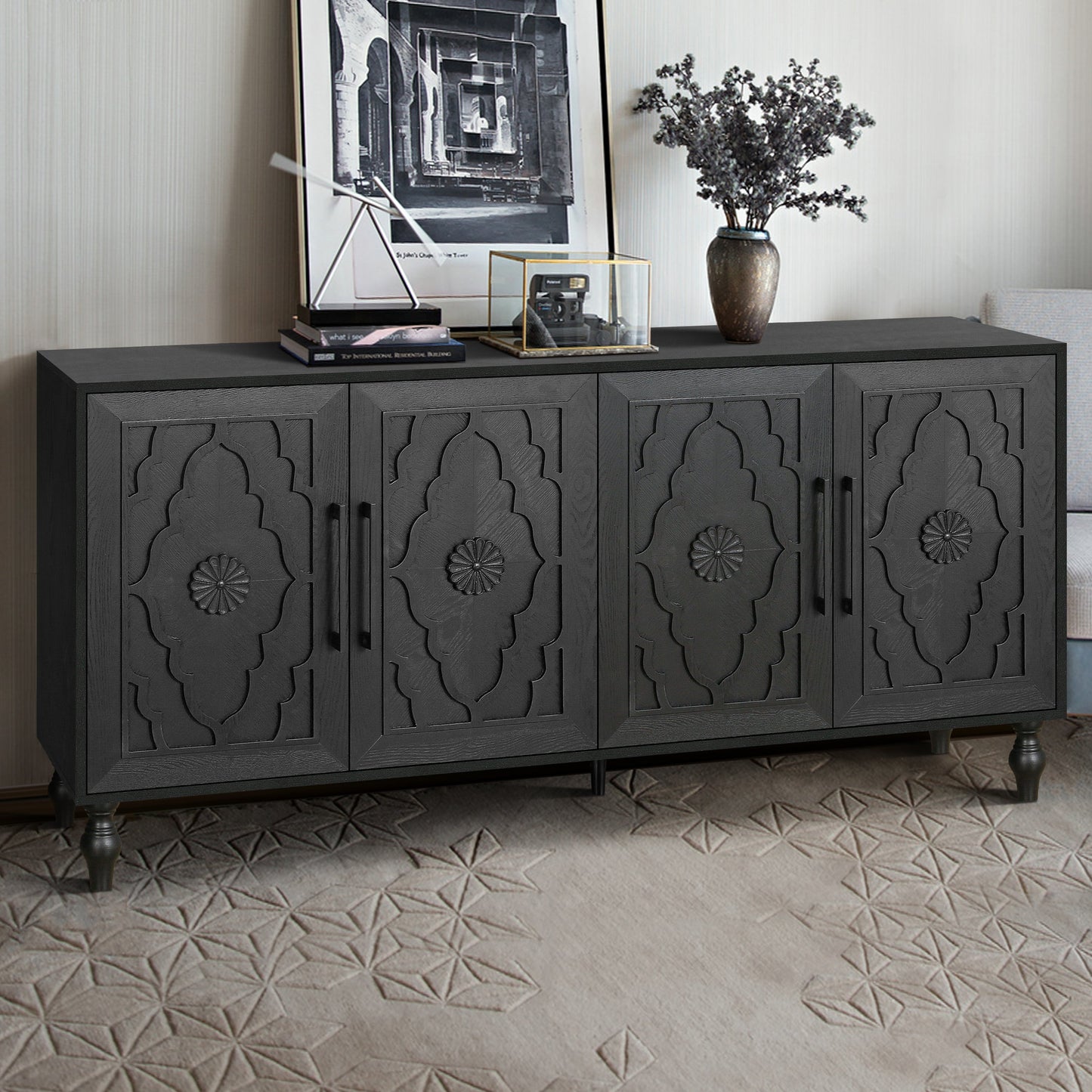 Carved Flower Door Large Storage Cabinet with Metal Handle