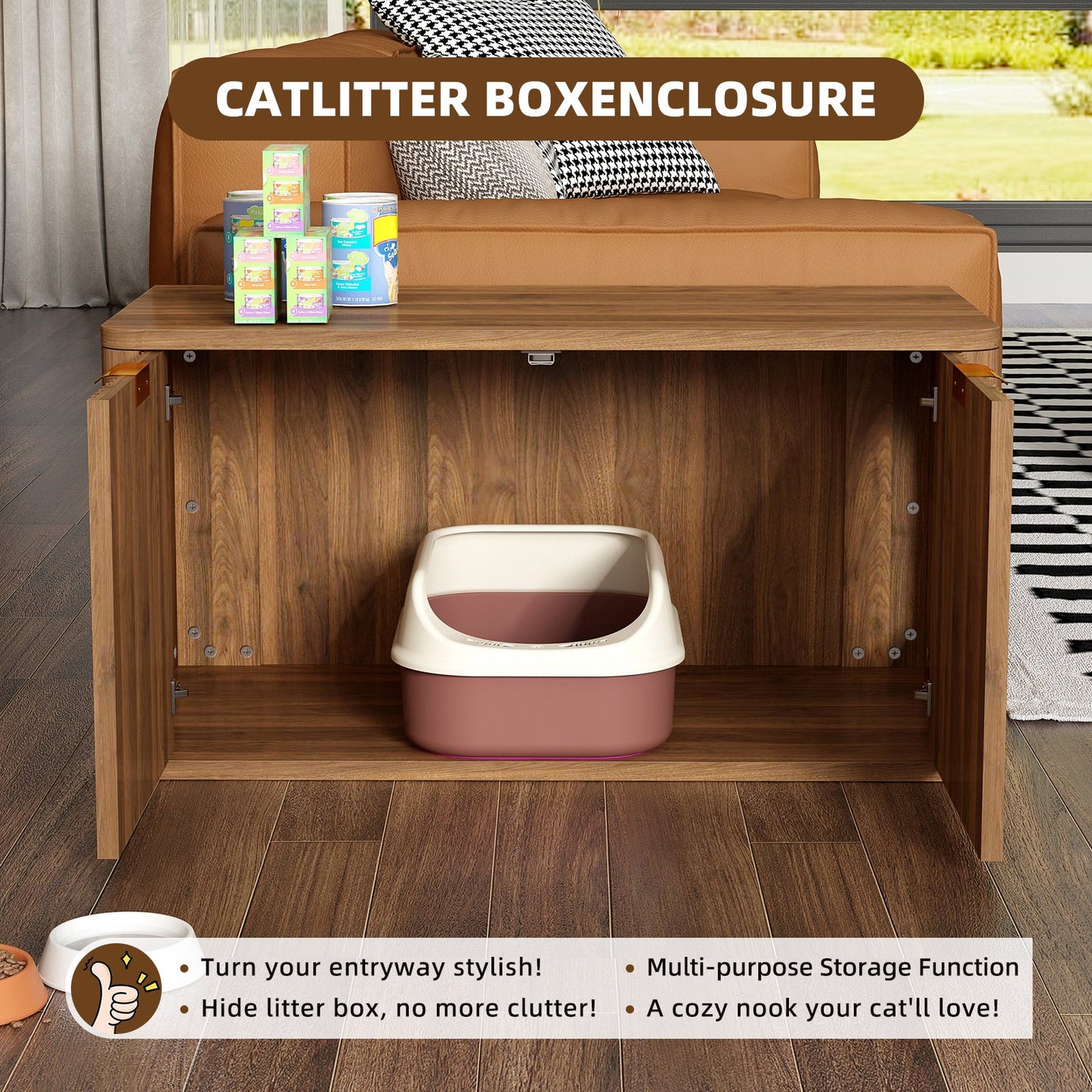 31.5" Walnut Finish Hidden Litter Box Furniture