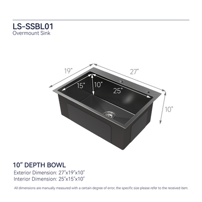 Stainless Steel Kitchen Sink, 27″x19″ Single Bowl, Overmount Handmade Sink