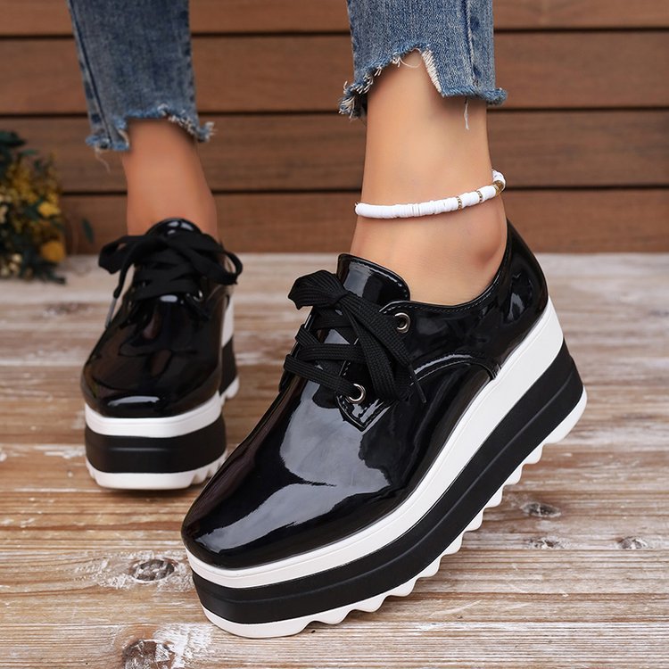 Womens Lace-up Square-toe Patent Leather Platform Wedge Heels