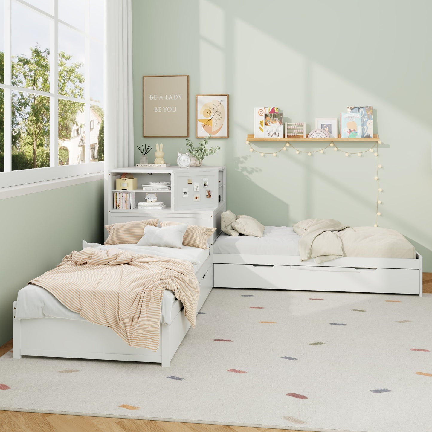 L-Shaped Bed Frame With Trundle, Built In Desk & LED Lighting