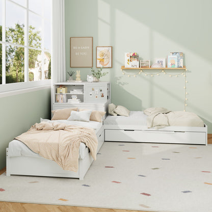 L-Shaped Bed Frame With Trundle, Built In Desk & LED Lighting